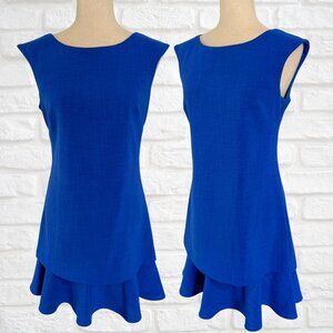 Eliza J Cobalt Blue Cap Sleeve Mod Dress High Neck Shift Ruffle Layered Size 4